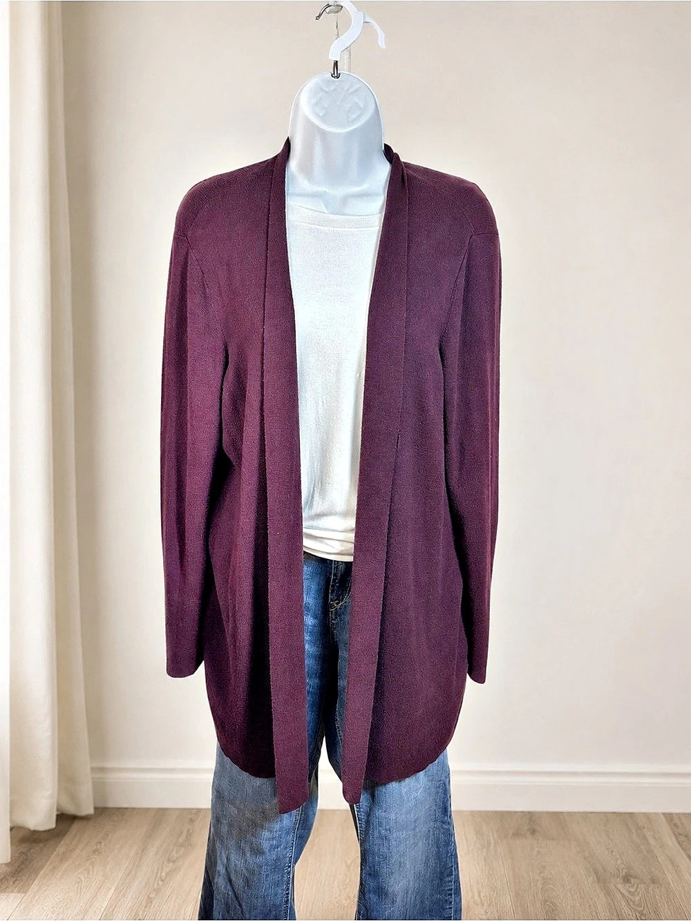 Chico’s Size 2 Large Burgundy Open Front Cardigan Paisley Back Boho Sweater